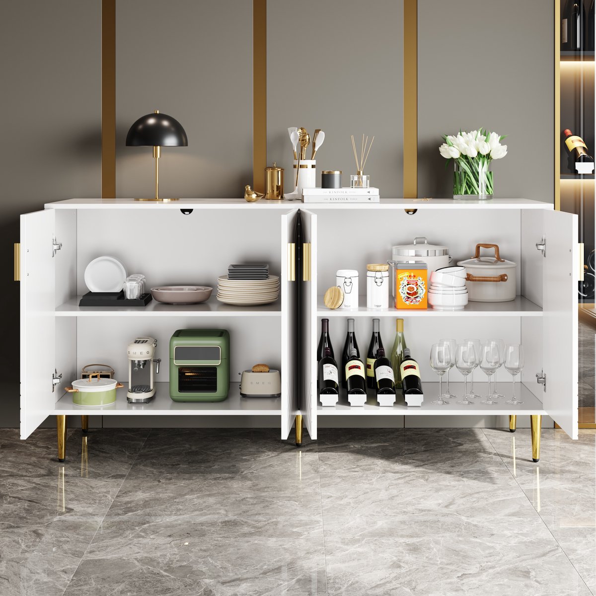 Wit dressoir 152x40x75 cm - golvend design - gouden handgreep en poot - voegt elegantie to