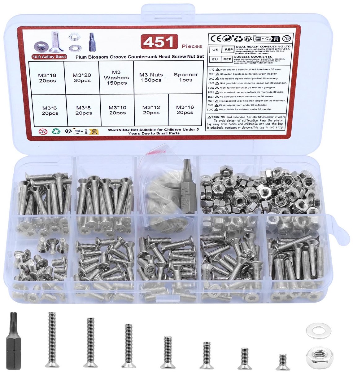 Solidchoice - 451-delige M3-schroevenset, Torx-moerenset met verzonken kop, assortiment verzonken machineschroeven, Torx-schroeven met moerenset, schroeven met schroefdraad en ringenset (M3, zilver)