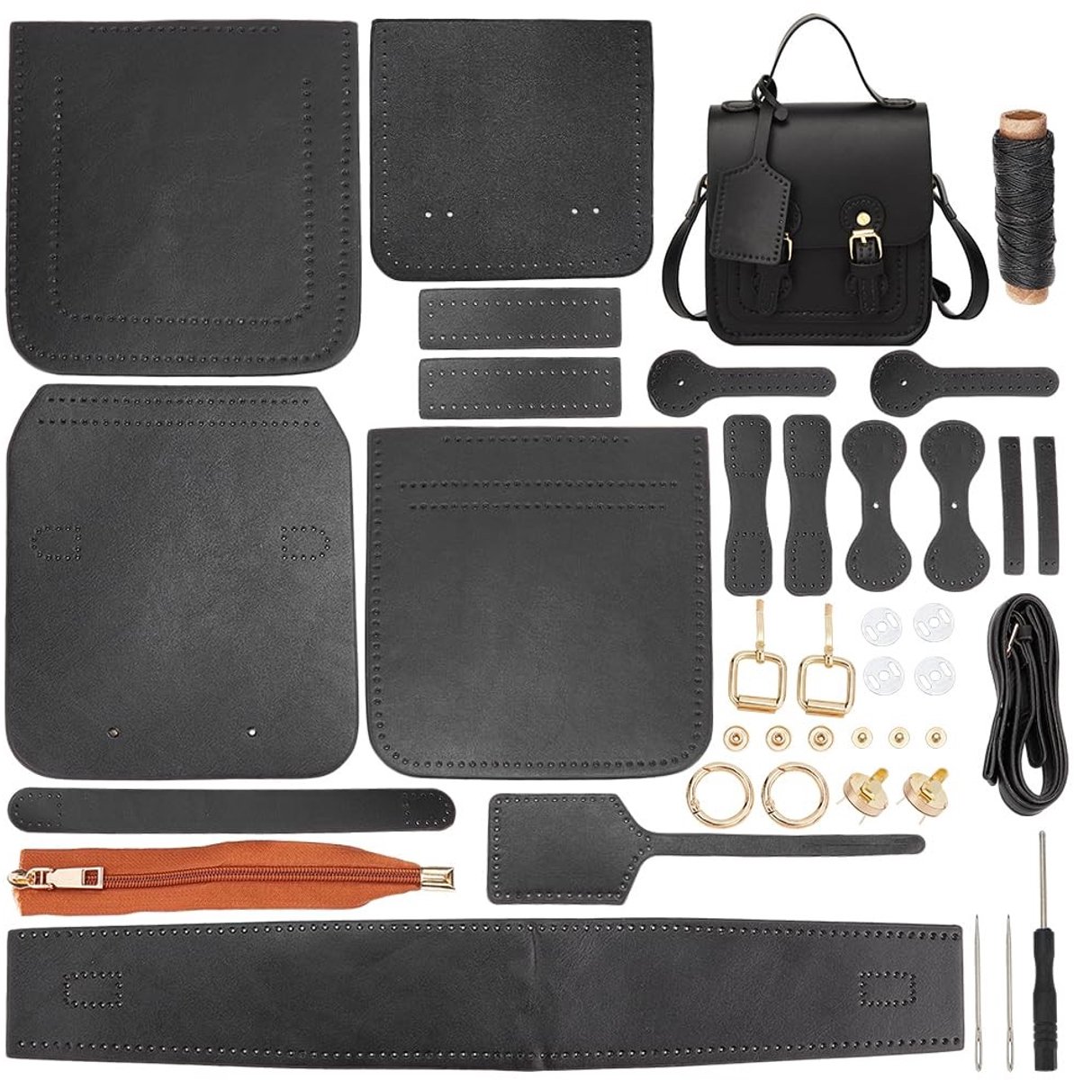 Solidchoice - WADORN Knutselset voor schoudertassen van leer, schoudertas van PU-leer, materialen voor naaipatroon, handtas, voor dames, 17 x 16 x 7 cm (zwart)