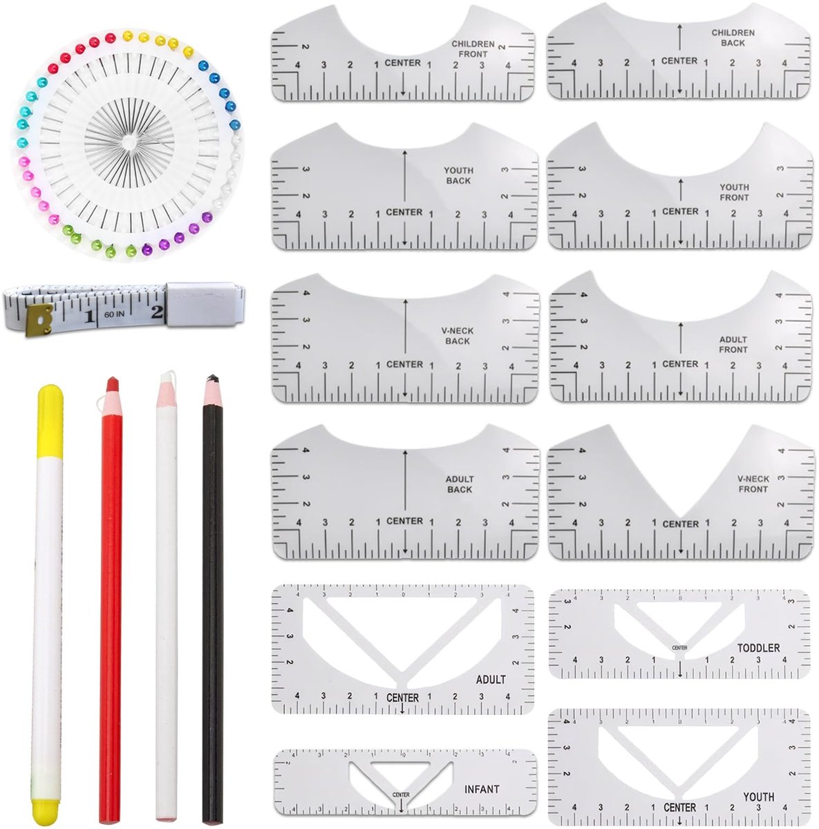 Solidchoice- T-shirt Uitlijningsliniaal 57 Stuks - PVC Stencilliniaal - Transparante Instructies Liniaal - Doe-Het-Zelf Naaiontwerp - Precisie Gereedschap - Ideaal voor Creatieve Projecten - Naailiniaal