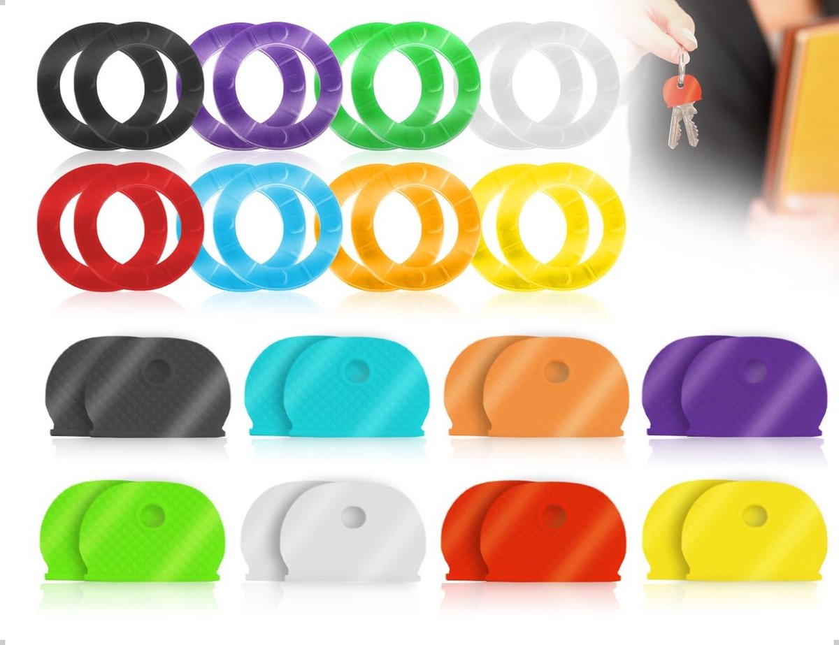 Dailygoods- Sleutelkappen 32 Stuks - Herbruikbare Rubberen Sleutelmarkering - Kleurrijke Identificatie - Ronde/Halfronde Doppen - Elastisch PVC - Effectieve Toetsenbelettering