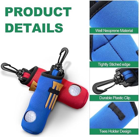 4-delige golf tee rack in zwart, rood, blauw en groen. Golftas, klein etui. Balhouder, sleutelhanger, riemclip. Cadeau-accessoire. Ballen en tee niet inbegrepen. van Golfdotz — afbeelding 4