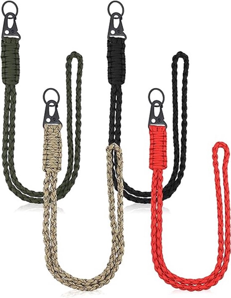 4-delige, robuuste sleutelhangerset met parachutistenkoord voor mannen en vrouwen, geschikt voor outdoor survival, Geschikt voor ID-kaarthouder, badgehouder, camera, portemonnee en sleutels. Verkrijgbaar in zwart, legergroen, rood en camouflage.