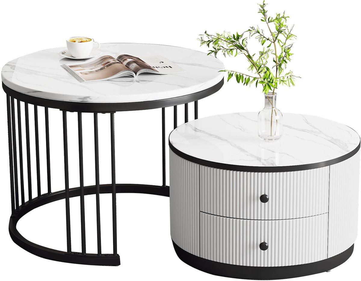 DESMIU Salontafelset - Ronde Hoogglans Tafel Met Marmerlook En Lades - Voor Woonkamer En Zitruimte - MDF - Wit En Zwart - 60x60x45,5 Cm En 50x50x32 Cm