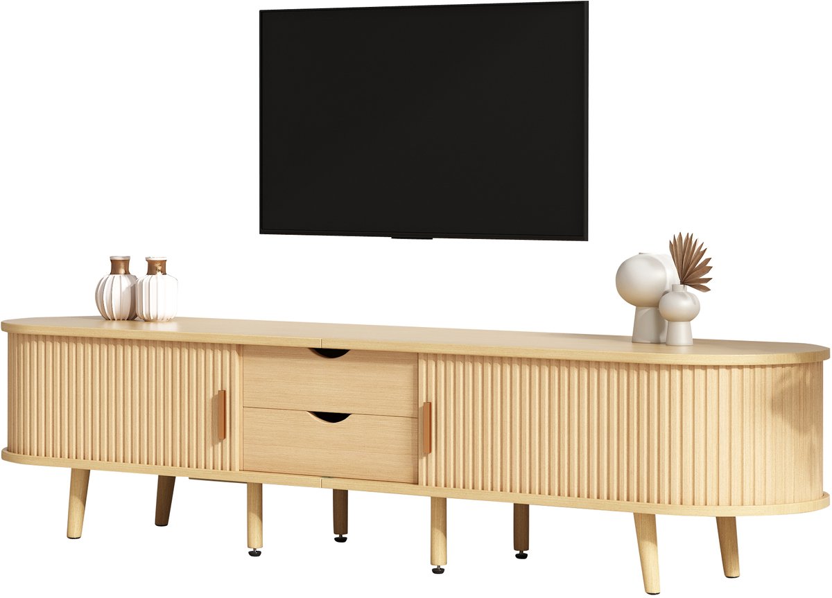 DESMIU Tv Meubel En Salontafel Set - Minimalistisch Design Met Opbergruimte En Ovaal Blad - Woonkamer - MDF - Licht Walnoot - 175x40x42 Cm En 100x50x40 Cm Houtkleur