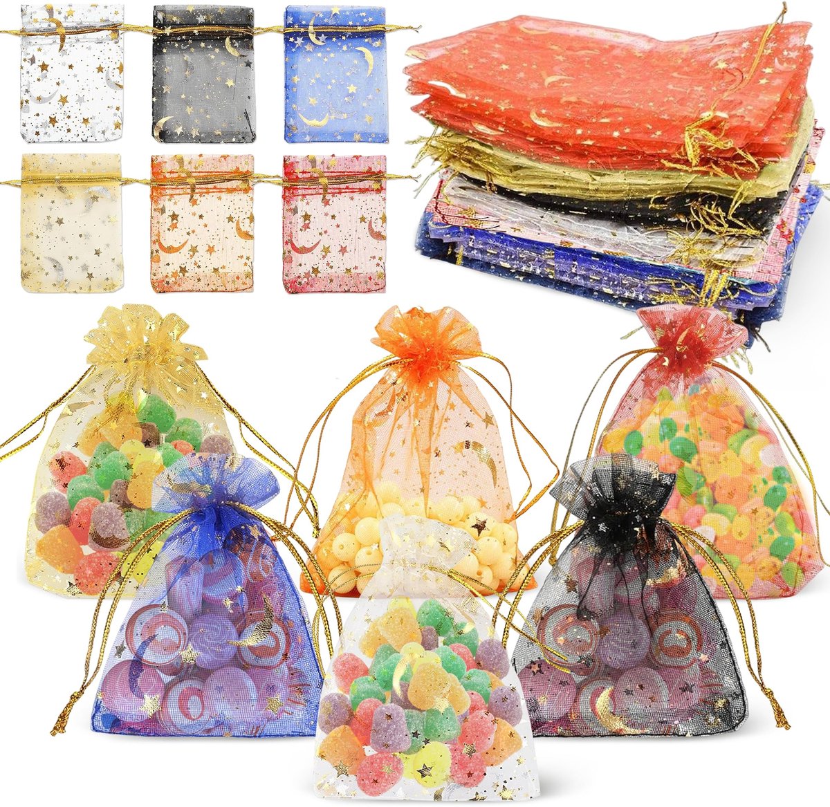 Dailygoods- Organza Zakjes 120 Stuks - 9x12 cm - Geschenkzakjes met Trekkoord - Lichtgewicht en Duurzaam - Maan/Stermotieven - Breed Toepasbaar