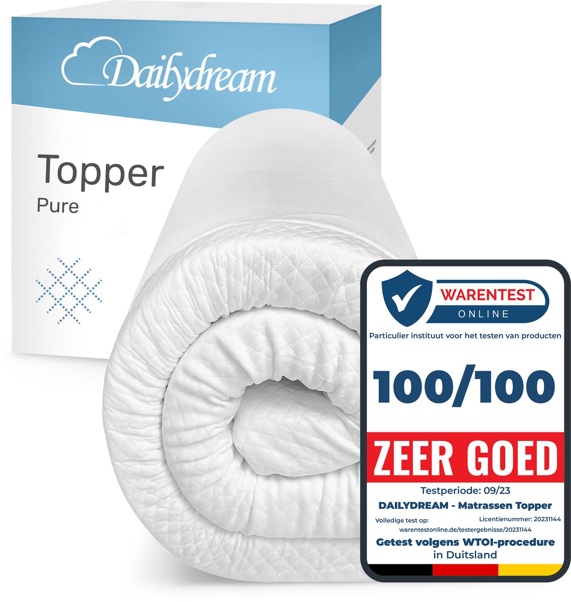 Dailydream | Pure Topper L - 80 bis 120kg - 7cm Höhe / 140x200cm | Traagschuim | Topmatras - Topper Matras - Topdekmatras