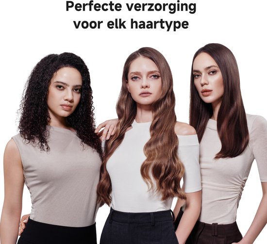Drie vrouwen met verschillende haartypes: krullend, golvend en steil. Text: Perfecte verzorging voor elk haartype