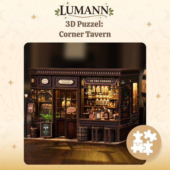 Lumann 3D puzzel van een hoekcafé met veel details, gloeiend met warm licht. Tekst: 'Lumann 3D Puzzel: Corner Tavern'