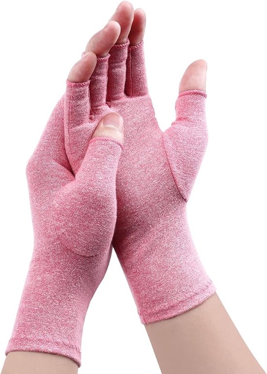 Roze vingerloze compressiehandschoenen van gebreid materiaal op witte achtergrond.