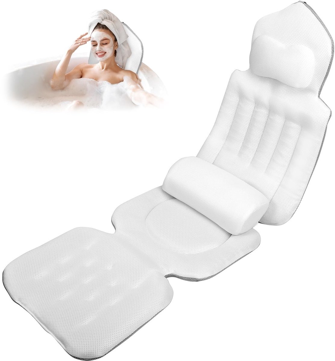 Dailygoods- Badkussen met EXTRA lendenkussen - 4D zachte badkussenset - Hoofdsteun - 144 zuignappen - Afneembaar kussen - Incl. waszak (wit) - Badmat