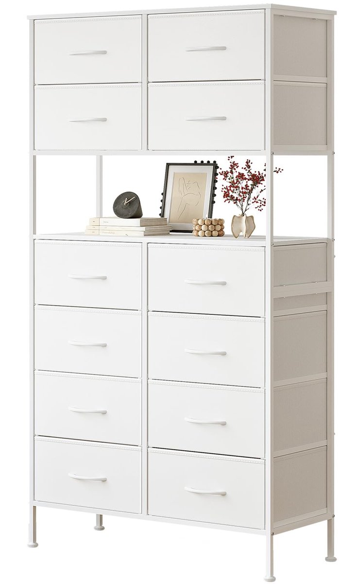Dailygoods- Ladekast 12 Lades - Hoge Opbergkast - Stoffen Dressoir - Metalen Frame - Ruimtebesparend - Slim Open Middenontwerp