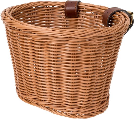 Bruine rotan fietsmand met bruine leren riemen en gespen, gedetailleerde productfoto.