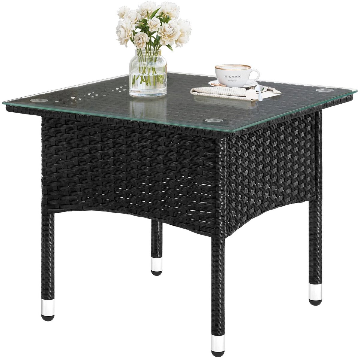 RosaBloom polyrattan bijzettafel - 50x50cm - Tuintafel - Balkontafel - Salontafel buiten - Met gehard glazen blad - Weerbestendig - Zwart