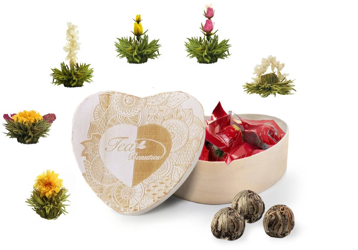 Creano bloementhee theebloemen in houten kistje in hartvorm 6 soorten witte thee, cadeau voor vrouwen, moeder, theeliefhebbers