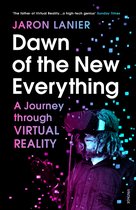 Boekomslag van 'Dawn of the New Everything' met Jaron Lanier die een VR-headset draagt, omringd door blauwe en paarse blokjes.