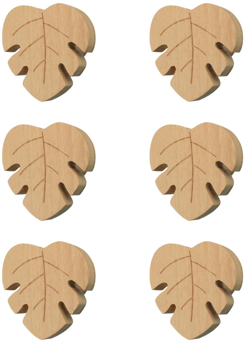 Dailygoods- Houten Knoppen - Bladvormige Houten Knop - 6 Stuks - Handgemaakte Deurklink - Geschikt voor Lade/Kast - Lengte 45 mm - Breedte 43 mm - Deurgreep