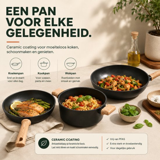 Drie kookgerei met houten handvatten op een aanrecht: koekenpan met zalm, kookpot met pasta en wok met groenten.