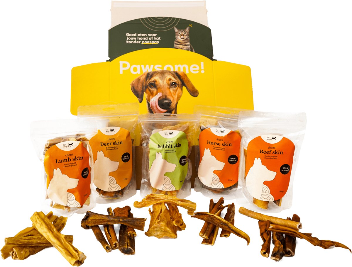 Chōmi Chomi Pets Kauwbox voor Honden - Kauwstaaf Doos voor Honden - Ondersteuning van een Gezond Gebit - Runderhuid - Set van 5 - LamRundHertKonijnPaard