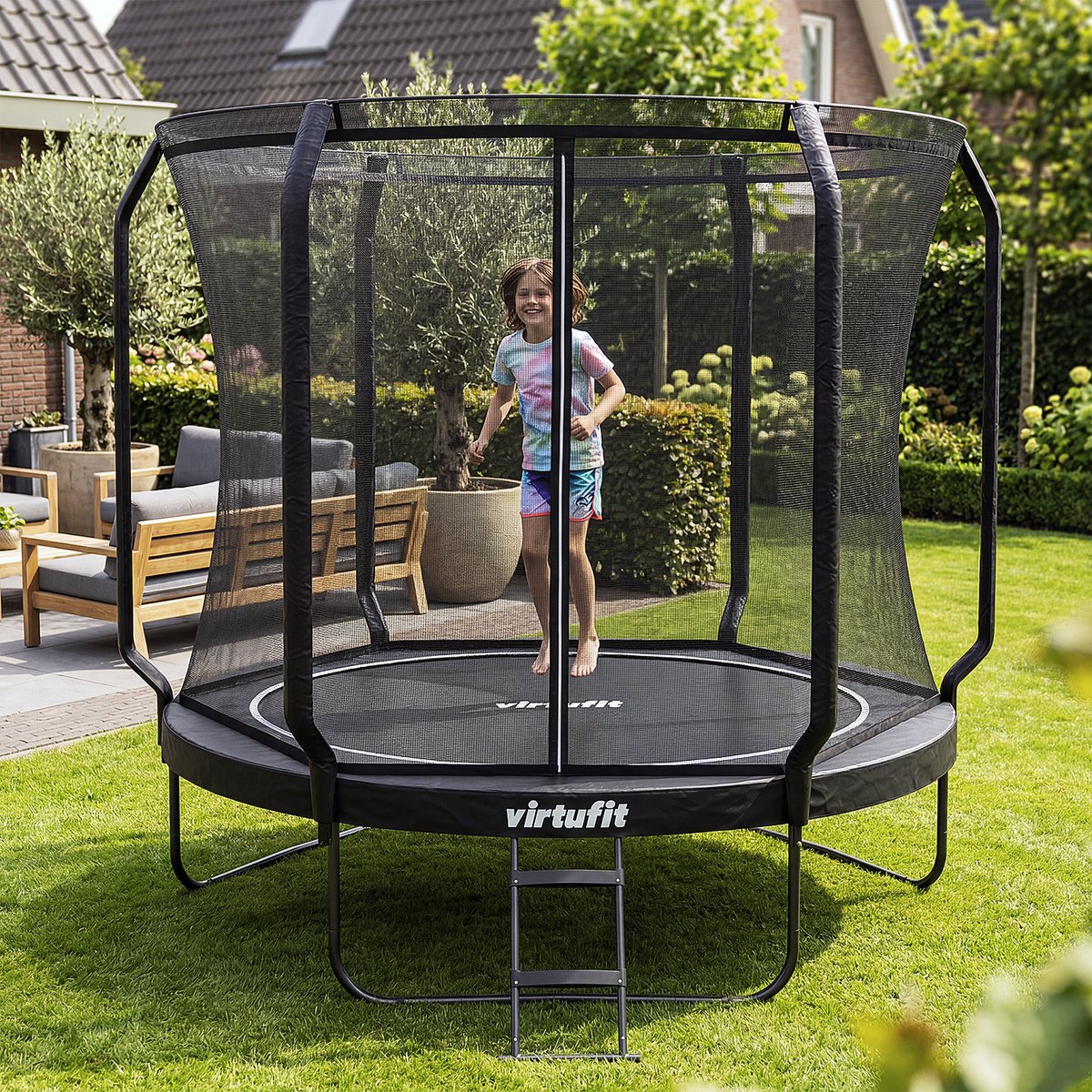 VirtuFit Premium Trampoline met Veiligheidsnet - Ø 251 cm Diameter - Incl. Beschermrand - Extra Veilig - Gratis trap - Water- en UV-bestendig - Max. 150 kg - Voor Kinderen en Volwassenen - Zwart – foto 4