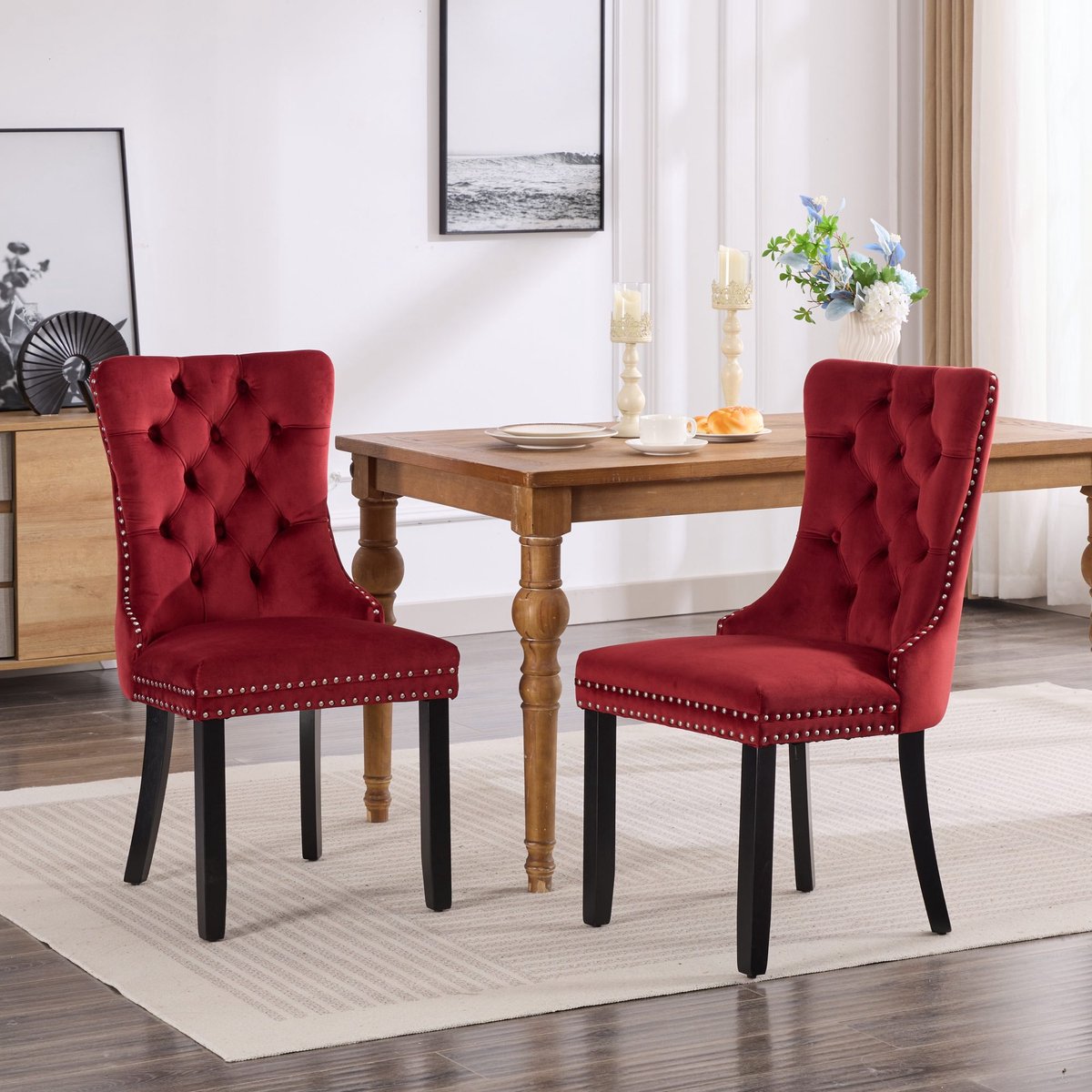 Eetkamerstoelen - Set Van 2 - Gestoffeerde eetkamerstoel - Eettafelstoel - Eetkamerstoelen - Stoel - Flueel - Houten stoelpoten - Modern Design - Bordeauxrood