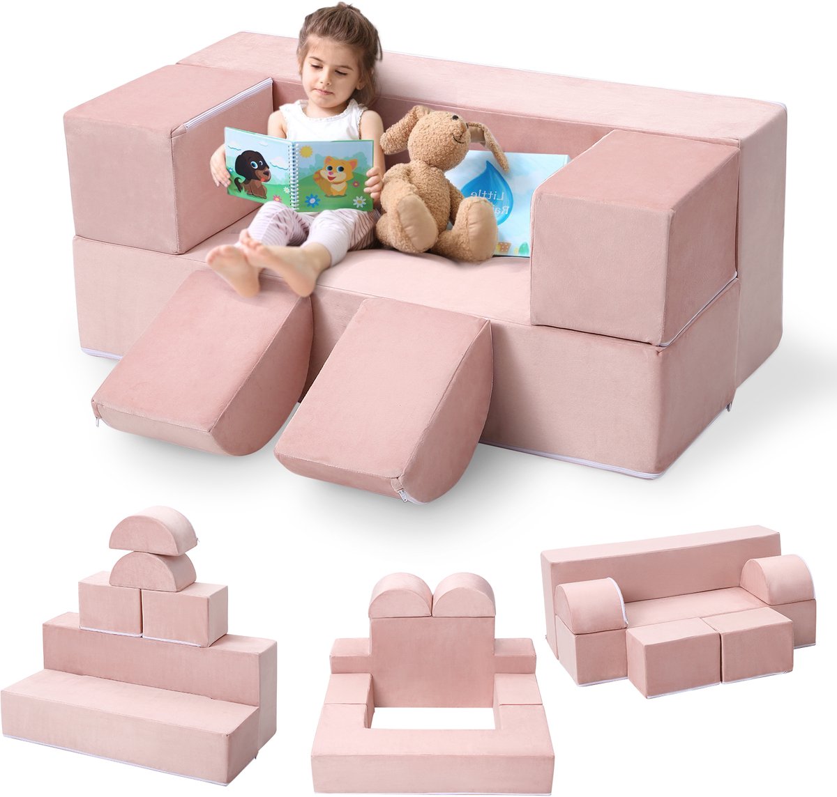 6-Delige Modulaire Speelbank voor Kinderen - Opvouwbare Kinderbank - Speelkussen Set - Zachte & Wasbare Hoes - 100x40cm - Roze