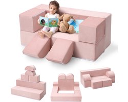 6-Delige Modulaire Speelbank voor Kinderen - Opvouwbare Kinderbank - Speelkussen Set - Zachte & Wasbare Hoes - 100x40cm - Roze