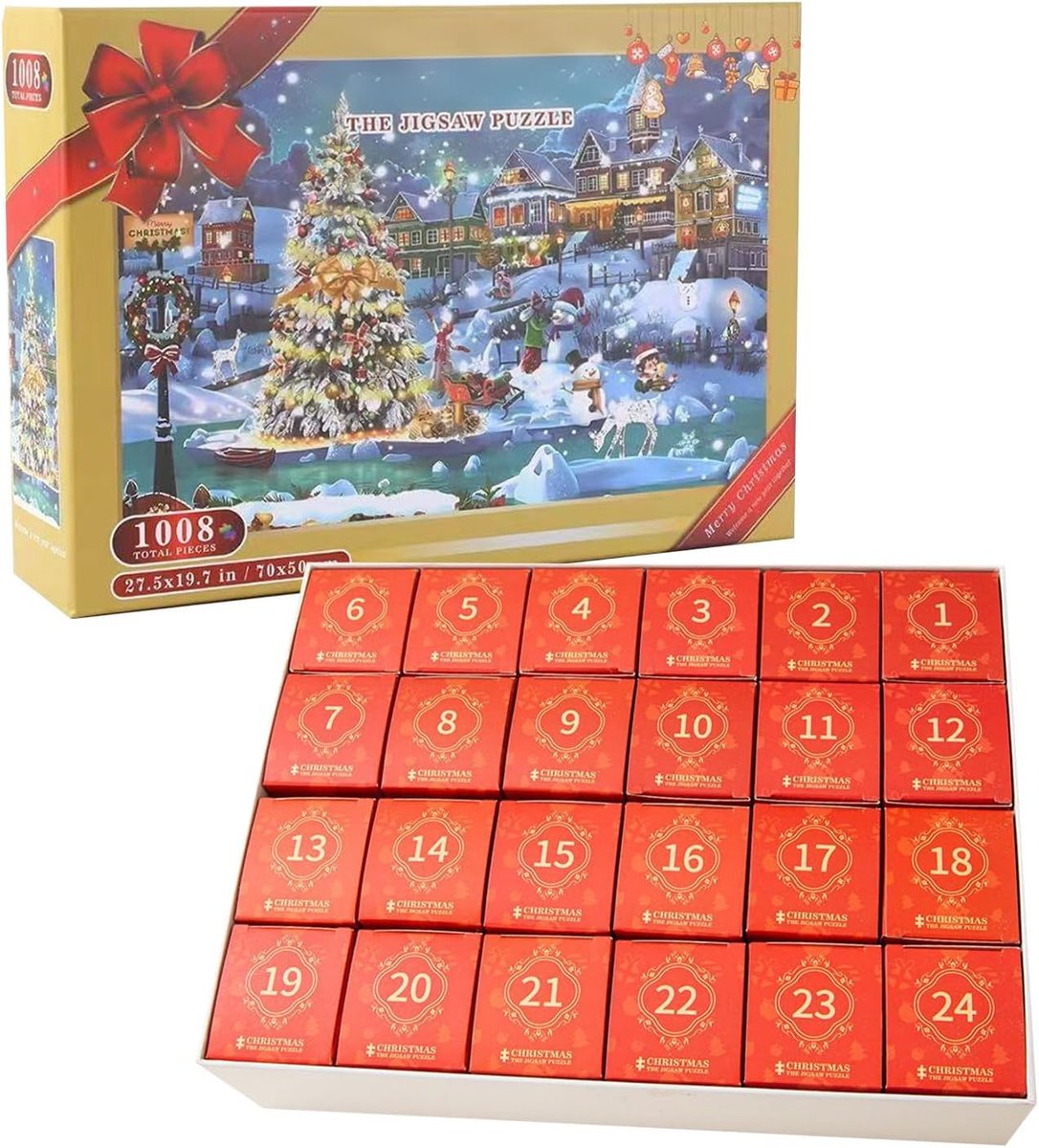 Adventskalender Puzzel - Kerstpuzzel Aftelspel - Feestelijke Decoratie - Interactief 24 Dagen - 1008 Delen - Sneeuwlandschap
