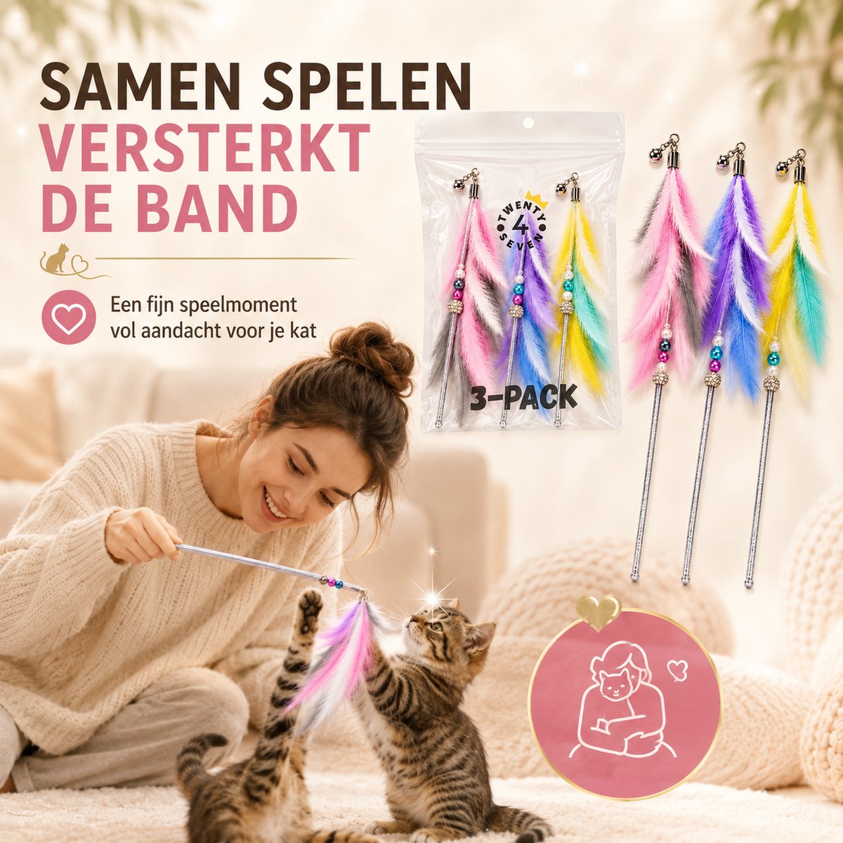 Twenty4seven® Kattenhengel 3 Stuks met Veer - Kattenspeelgoed Interactief - Kattenspeeltjes met Veertjes - Speelgoed voor Katten & Kittens thumbnail 3