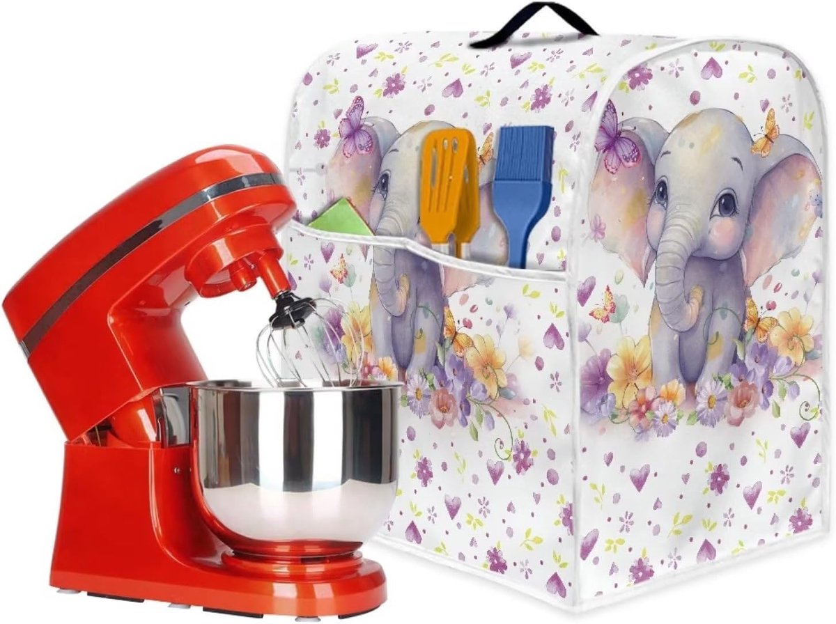 Stand Mixer Cover - Keukenmachinehoes Beschermhoes - Keuken Organiseren - Met Opbergvak - 37 cm Hoog - Cartoon Olifant Bloemen