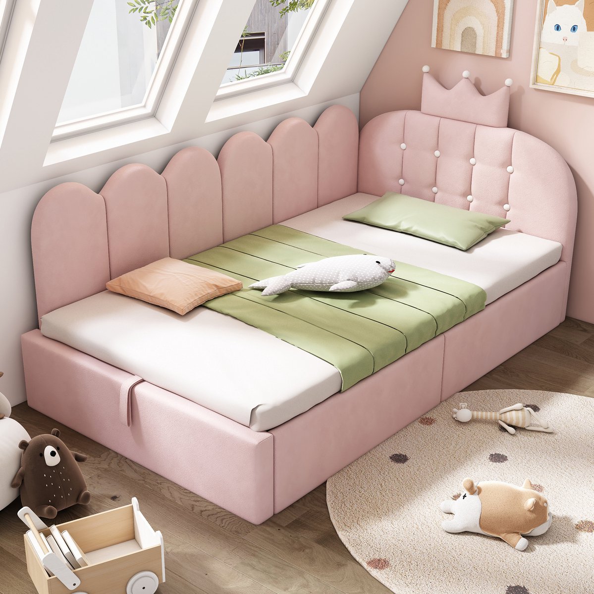 COVREO Bedbank met opbergruimte en hydraulisch frame – 209x96x96 cm – Slaapbank van stof en metaal – voor kinderkamer en logeerkamer – Roze - zonder matras Rose