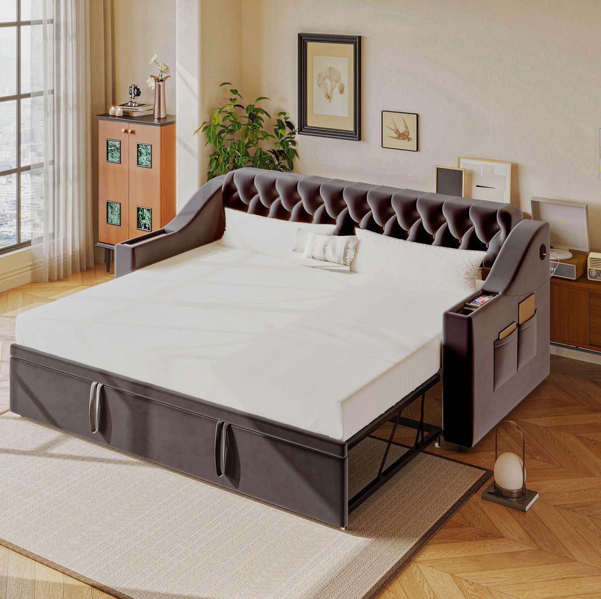 COVREO Slaapbank met opbergruimte – 90x190/180x190 cm – Bedbank met USB-poort – met lattenbodem – Donkergrijs - zonder matras