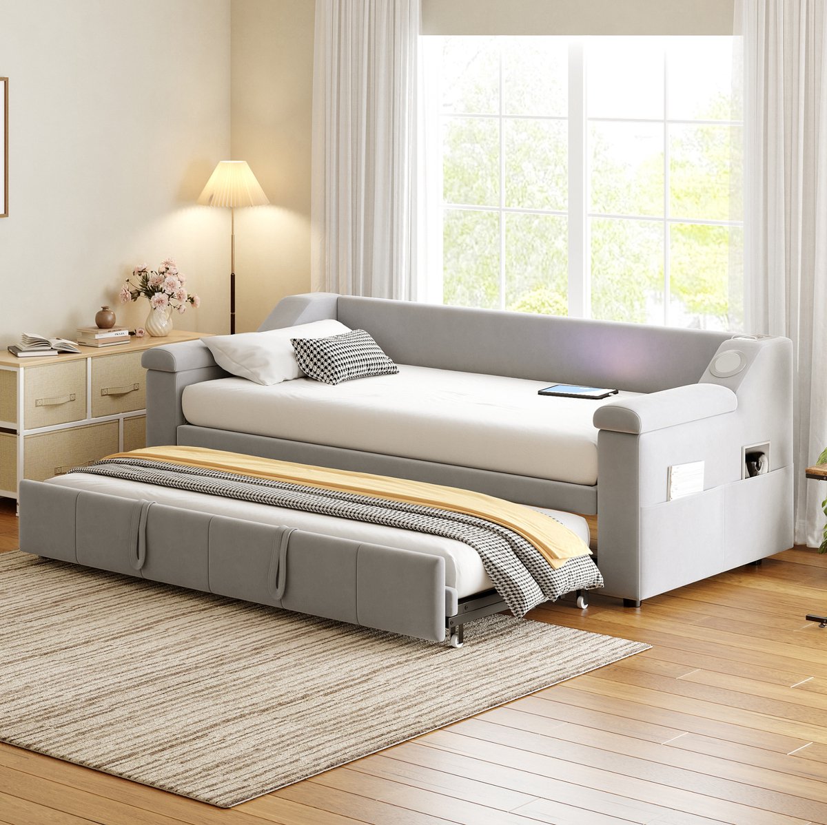 Gestoffeerd bed/slaapbank, 90/180*190 cm, verbrede en verdikte armleuningen, voorzien van een slim Bluetooth-luidsprekersysteem (met USB-oplaadpoort), opbergvakken, lattenbodem, fluwelen stof, lichtgrijs.