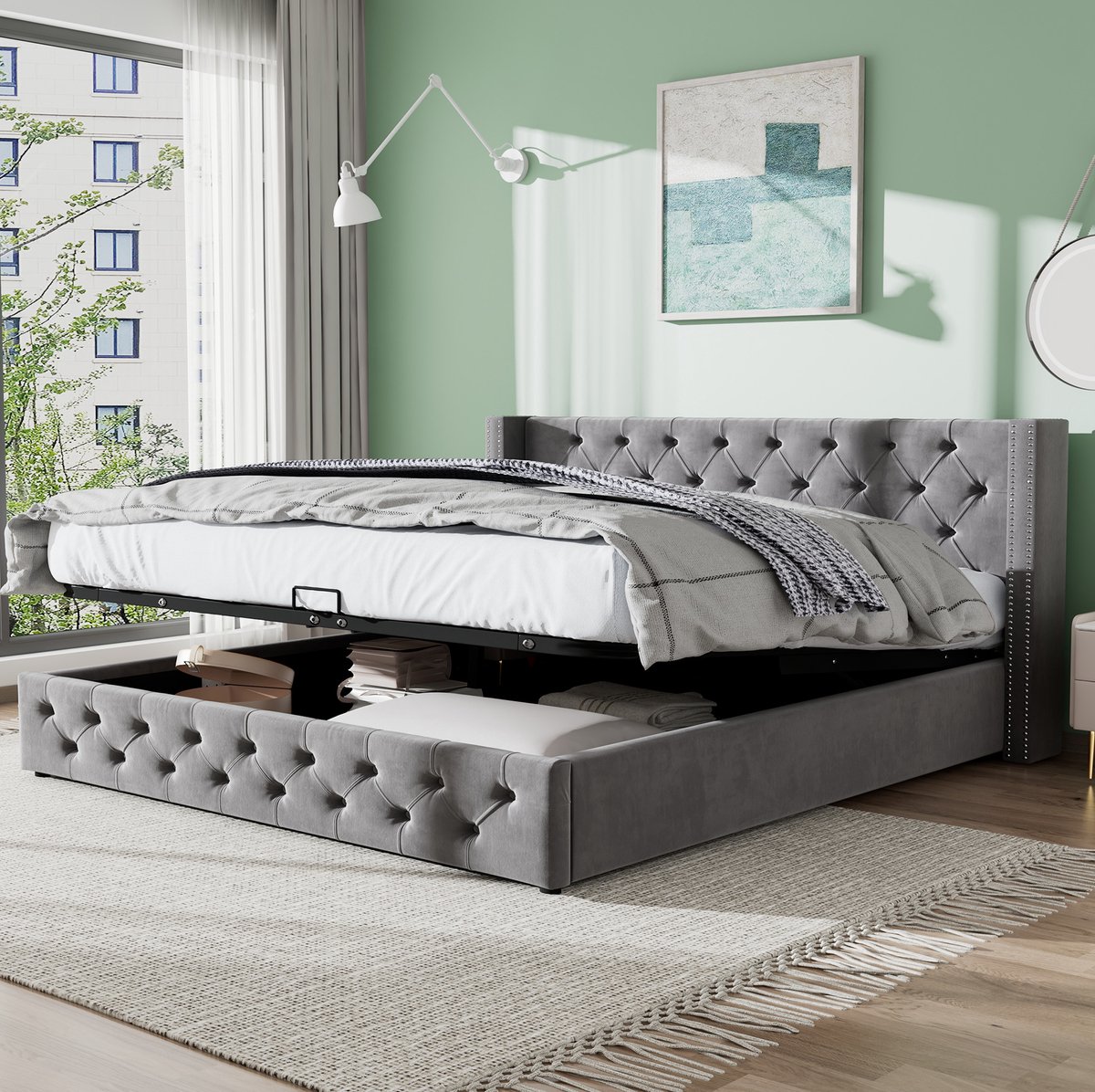 Gestoffeerd bed, oorvormig ontwerp, dubbele rij klinknagels, flanellen stof, met knopen afgewerkt hoofd- en voeteneinde, tweepersoonsbed afmetingen 160*200 mm, hydraulische functie, bedframe gemaakt van vlekbestendige zwarte non-woven stof, grijs