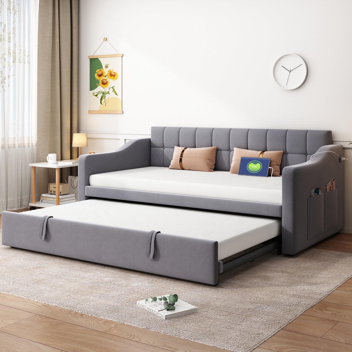 COVREO Slaapbank 90x190 cm grijs fluweel uitschuifbaar zonder matras