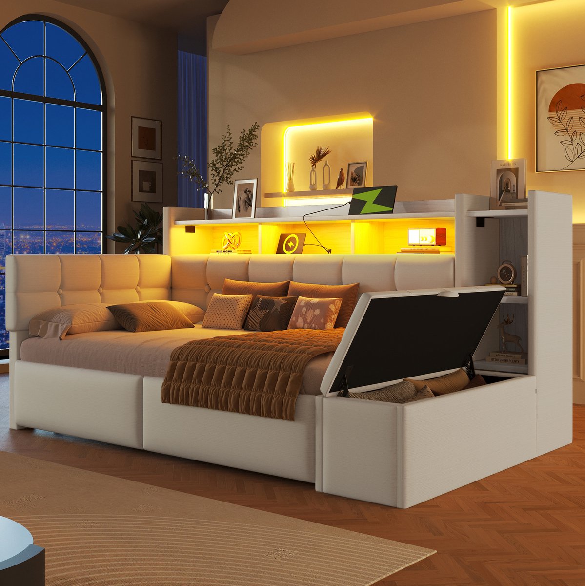 COVREO Dagbed/slaapbank, 90 x 190 cm, met twee lades, USB- en Type-C-poorten, opbergvakken, opbergbankje aan het voeteneinde, LED-lichtstrip, matras niet inbegrepen, fluwelen stof, wit. White