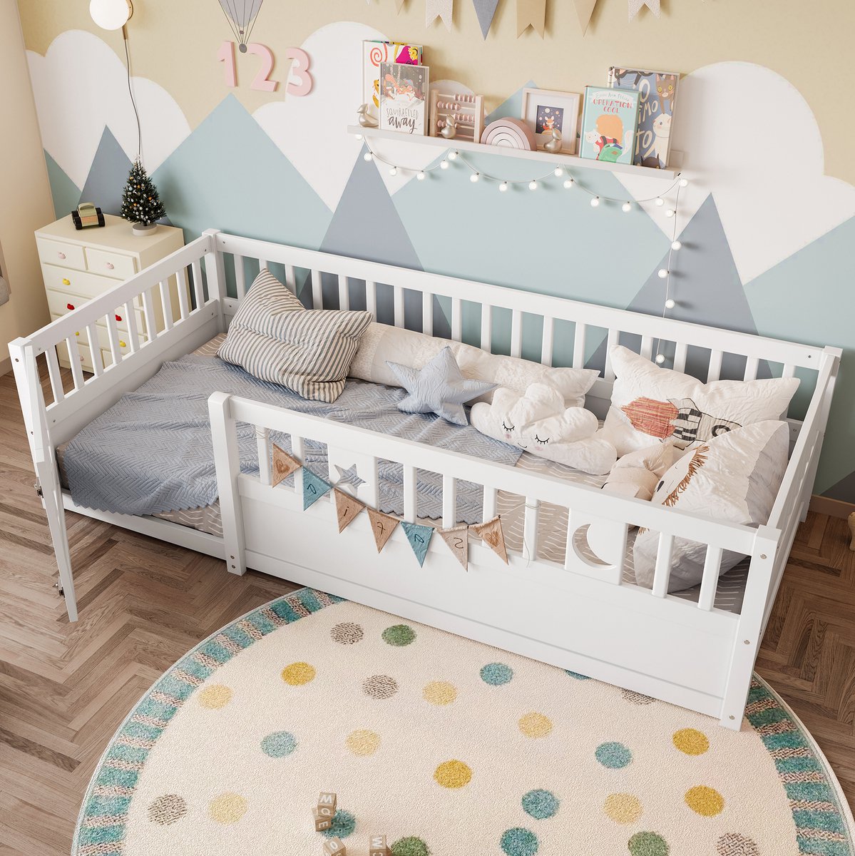 COVREO Kinderbed 196x96 cm wit hout met veiligheidshekje en ster en maan decoratie