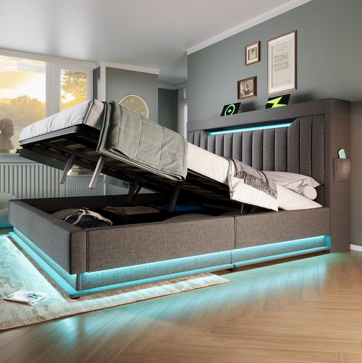 COVREO Bedframe 180x200 cm grijs, stoffen opbergbed met LED, zonder matras