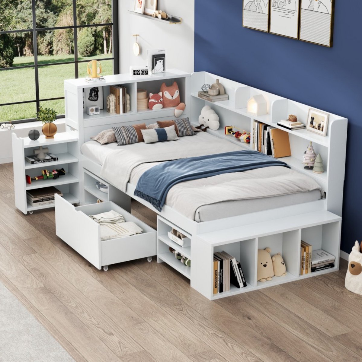 COVREO Kinderbed, 90*200 cm, eenpersoonsbed, multifunctioneel kinderbed met lades, boekenplanken en opbergkastjes, veel opbergruimte, lattenbodem, matras niet inbegrepen, wit. White