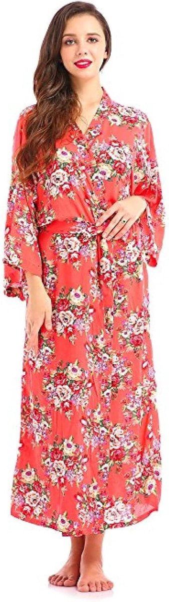 Dames Kimono - Bloemenprint Badjas - Ontspannen Thuis - 100% Katoen - One Size - Tangerine