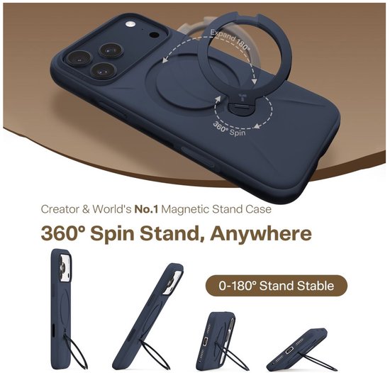 Donkerblauwe iPhone hoes met een 360° magnetische standaardring die is uitgeklapt in verschillende standen.