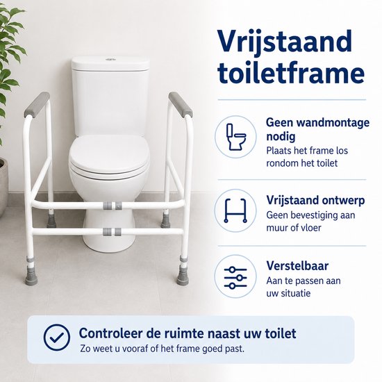 Vrijstaand toiletframe, wit met grijze armleuningen, rondom een toilet.