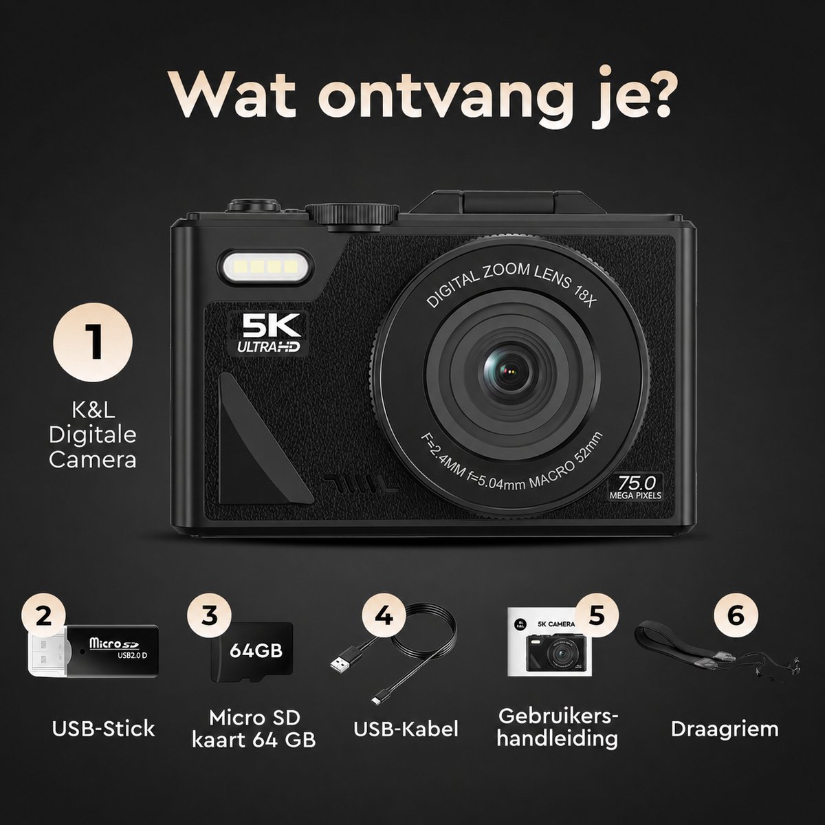 K&L - 5K 75MP - 18X Zoom - 64GB SD - WiFi - 3.0" UHD-display - mic-poort - Fotocamera - Compact Camera - Vlog Camera – foto 7
