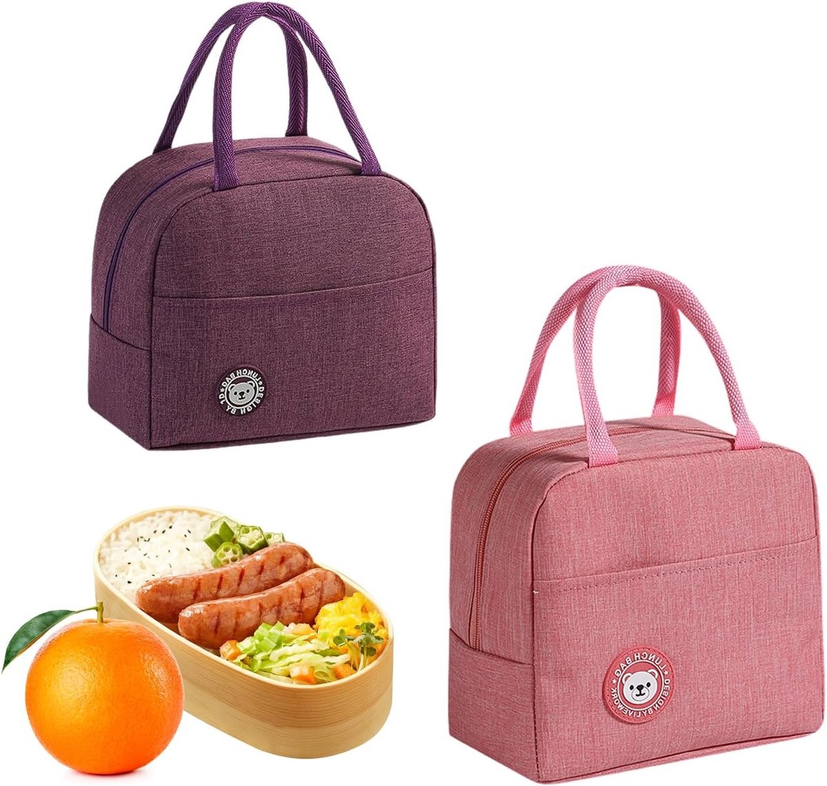 Dubbele Laag Thermische Lunchtas - Vouwbare Koeltas voor Picknicks, Werk en School - Set van 2 in Roze en Paars