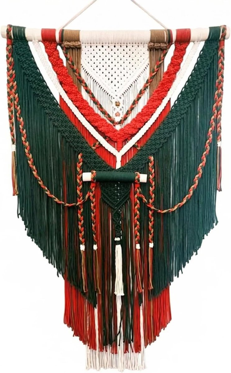 Macramé Wandkleed - Wanddecoratie Boho - Woonkamer Aankleden - Handgeweven Met Kwastjes - 50x70cm - Rood Groen