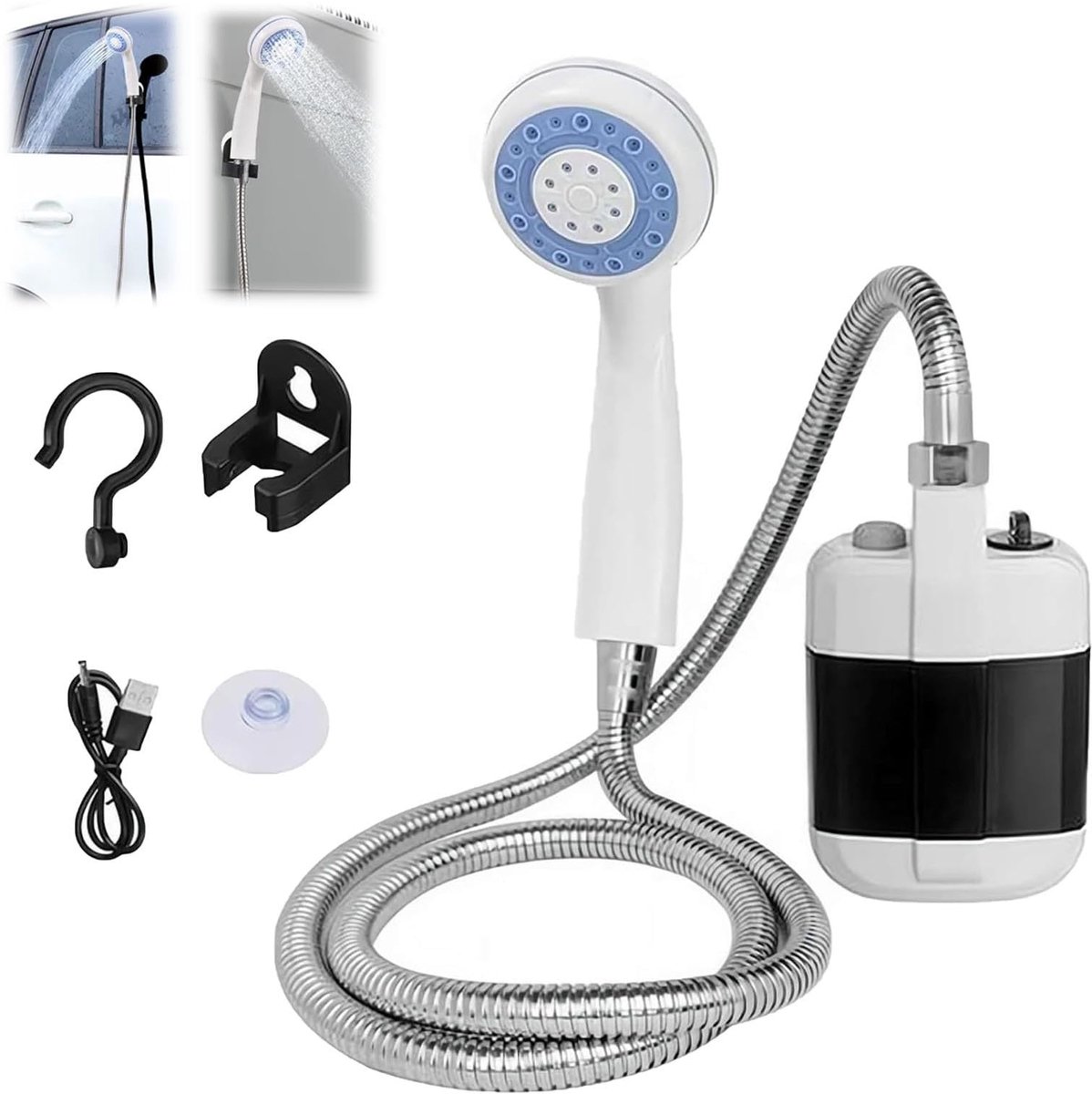 Draagbare campingdouchepomp - Oplaadbare buitendouchekop met sproeier, pompt water - Perfect voor kamperen, wandelen, reizen, autowassen en het wassen van huisdieren