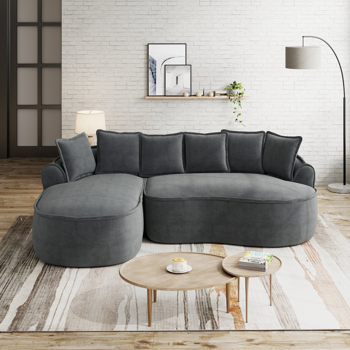 DESMIU Hoekbank 252 x 164 x 67 cm - Modulair Zonder Frame Met Diepe Chaiselongue En Brede Armleuningen - Voor Woonkamer - Chenille Grijs