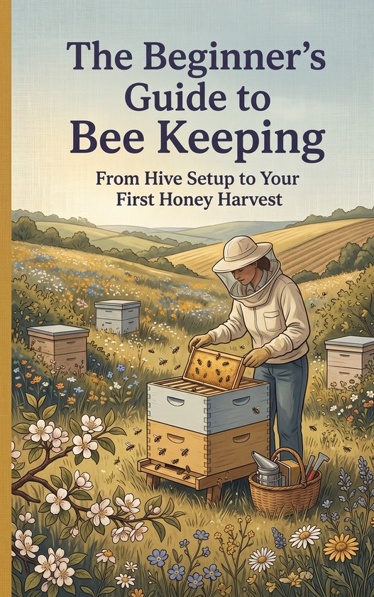 Couverture du livre 'The Beginner's Guide to Bee Keeping' avec un apiculteur en tenue de protection tenant un rayon de miel près d'une ruche dans un champ fleuri.