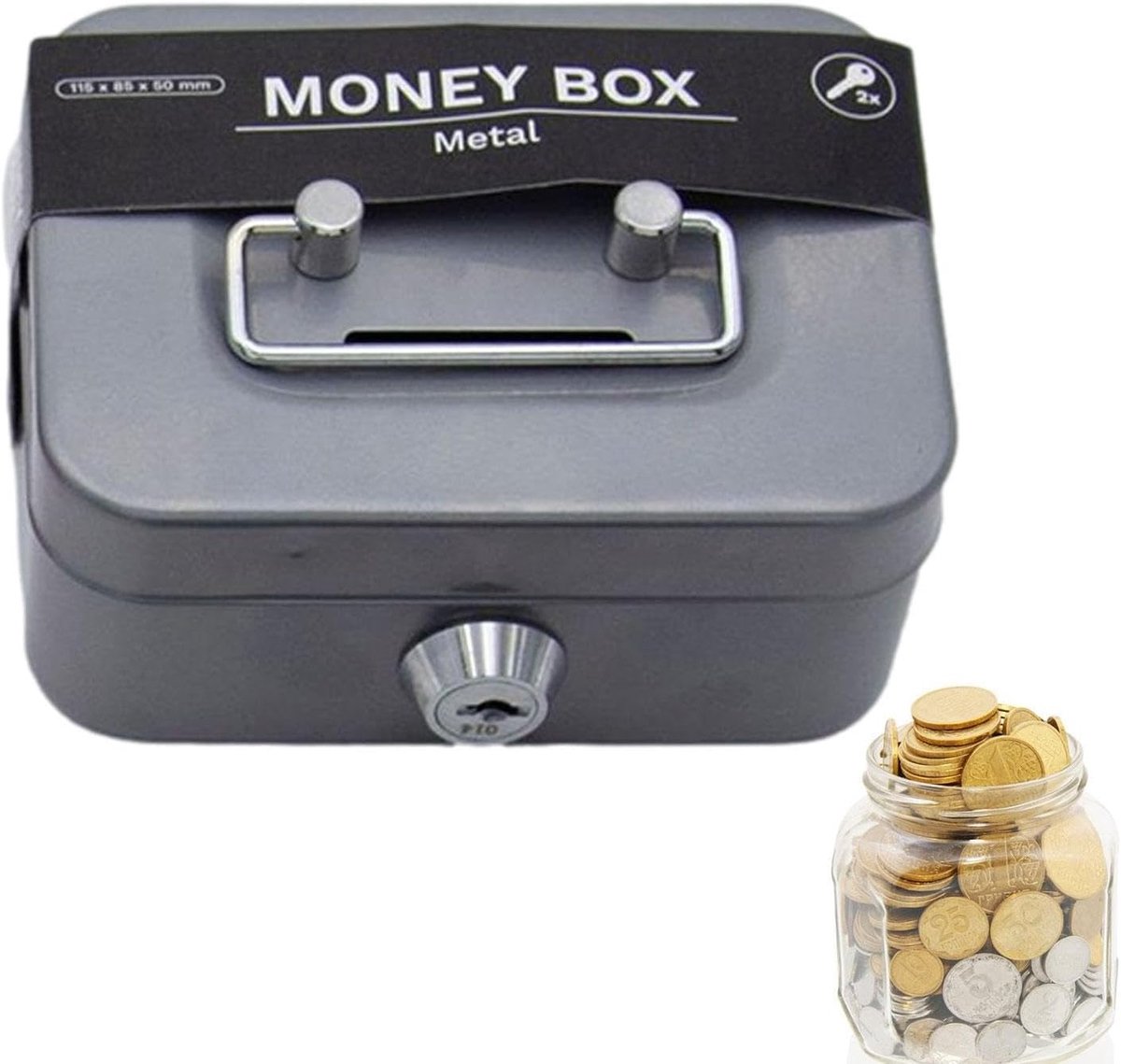 Kleine Geldkluis - Geldkist Muntbank - Veilig Geld Bewaren - Stevig Stalen Materiaal - 11.5 x 8.5 x 5.8 cm