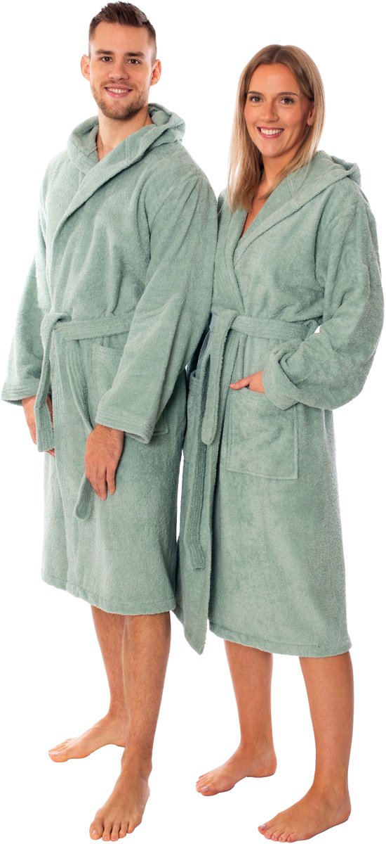 Lavea® Badjas Dames & Badjas Heren van 100% Katoen – Zachte Badjas van Badstof met Capuchon, Unisex Design, Ideaal voor Sauna & Thuis - S - Eucalyptus